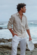Men’s Beige/White Striped Dress Shirt by Ethan Galvan