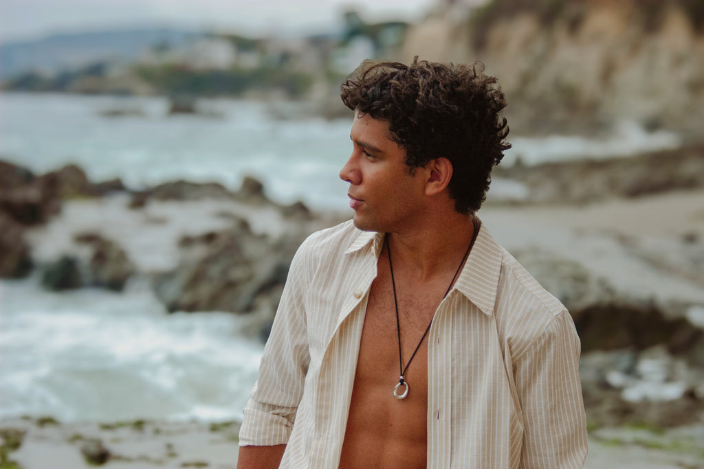 Men’s Beige/White Striped Dress Shirt by Ethan Galvan