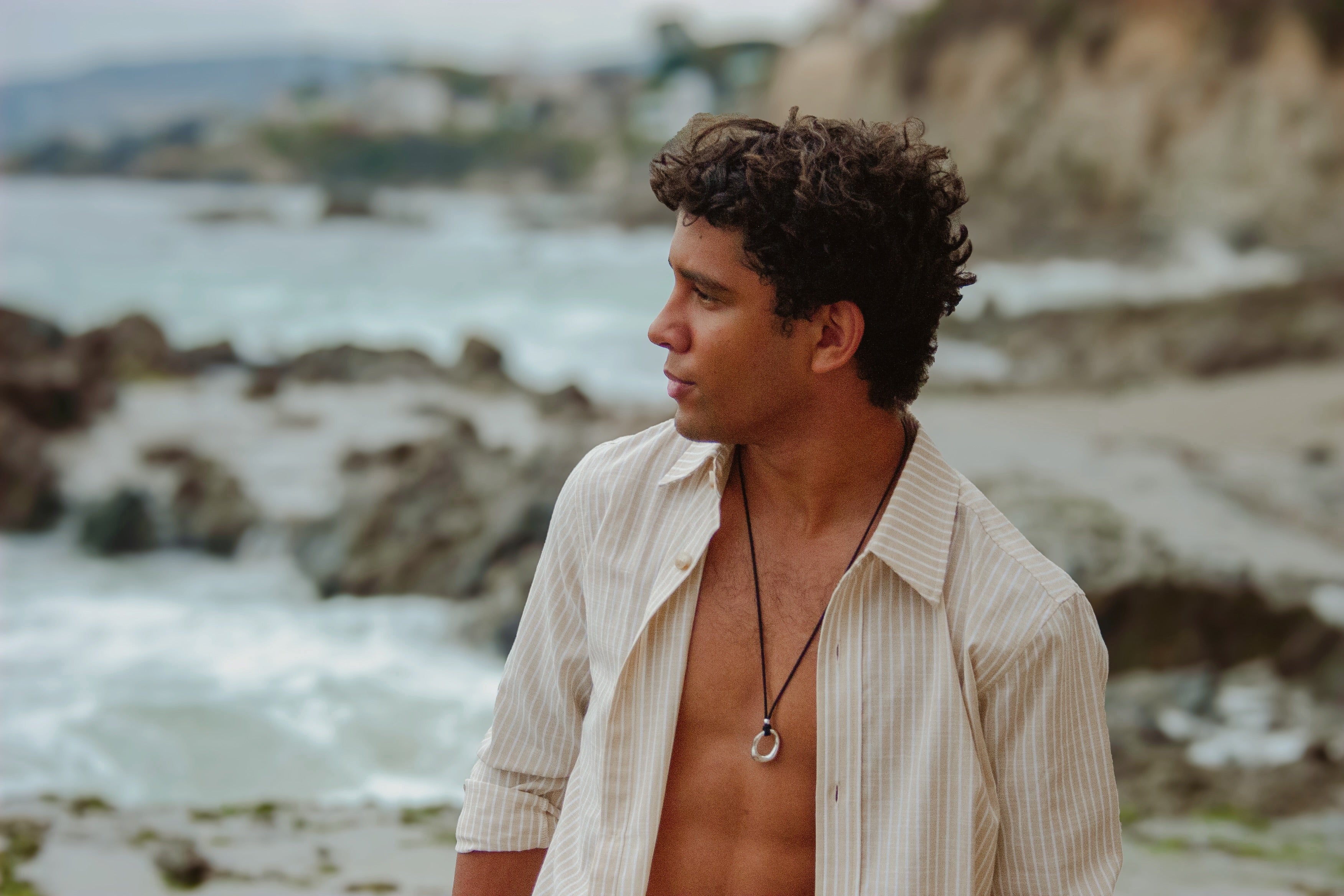 Men’s Beige/White Striped Dress Shirt by Ethan Galvan