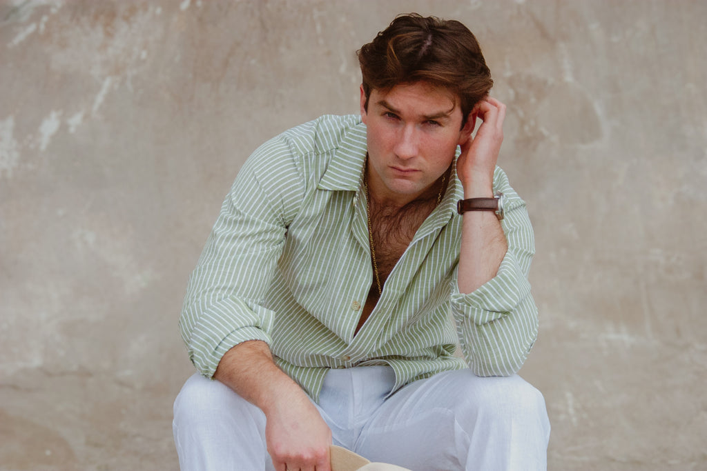 Men’s Pistachio/White Striped Dress Shirt by Ethan Galvan