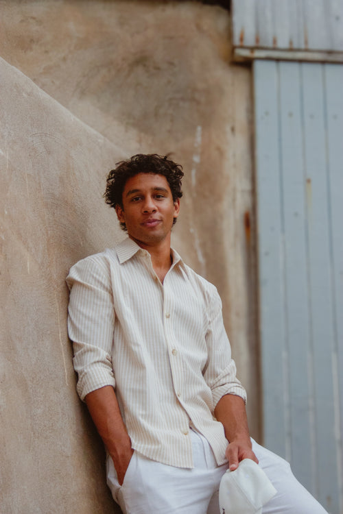 Men’s Beige/White Striped Dress Shirt by Ethan Galvan