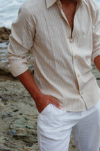 Men’s Beige/White Striped Dress Shirt by Ethan Galvan