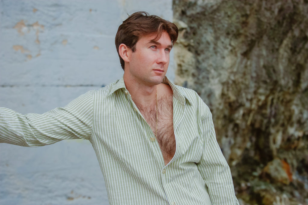 Men’s Pistachio/White Striped Dress Shirt by Ethan Galvan