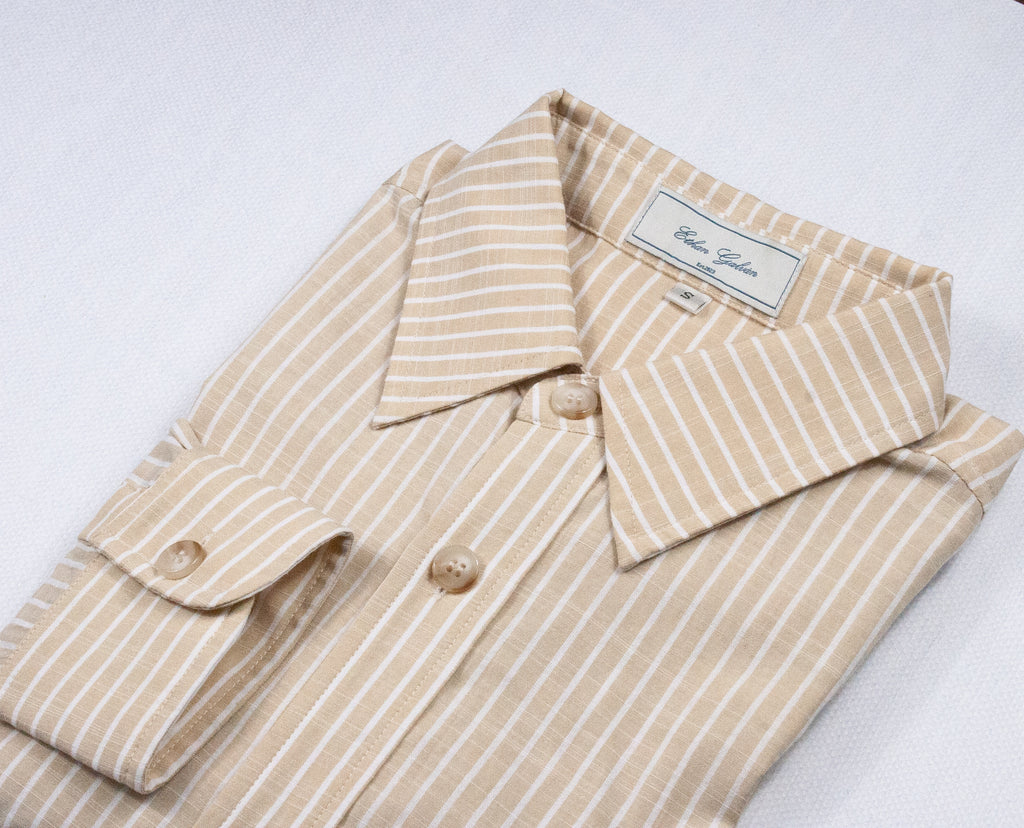 Men’s Beige/White Striped Dress Shirt by Ethan Galvan