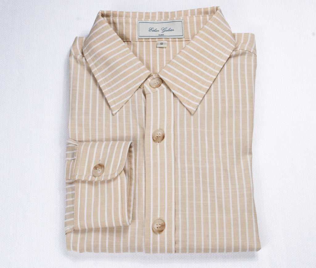 Men’s Beige/White Striped Dress Shirt by Ethan Galvan