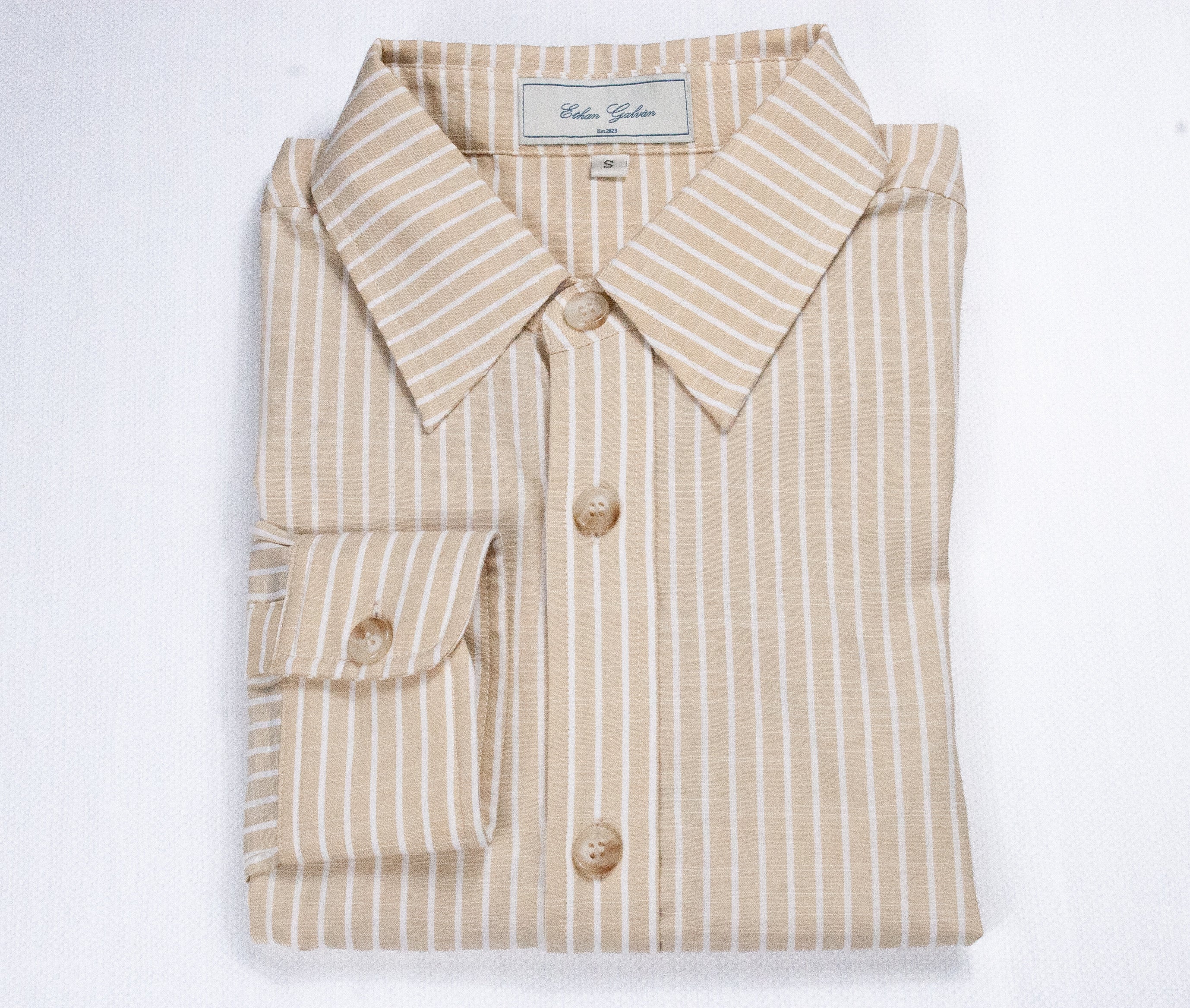 Men’s Beige/White Striped Dress Shirt by Ethan Galvan