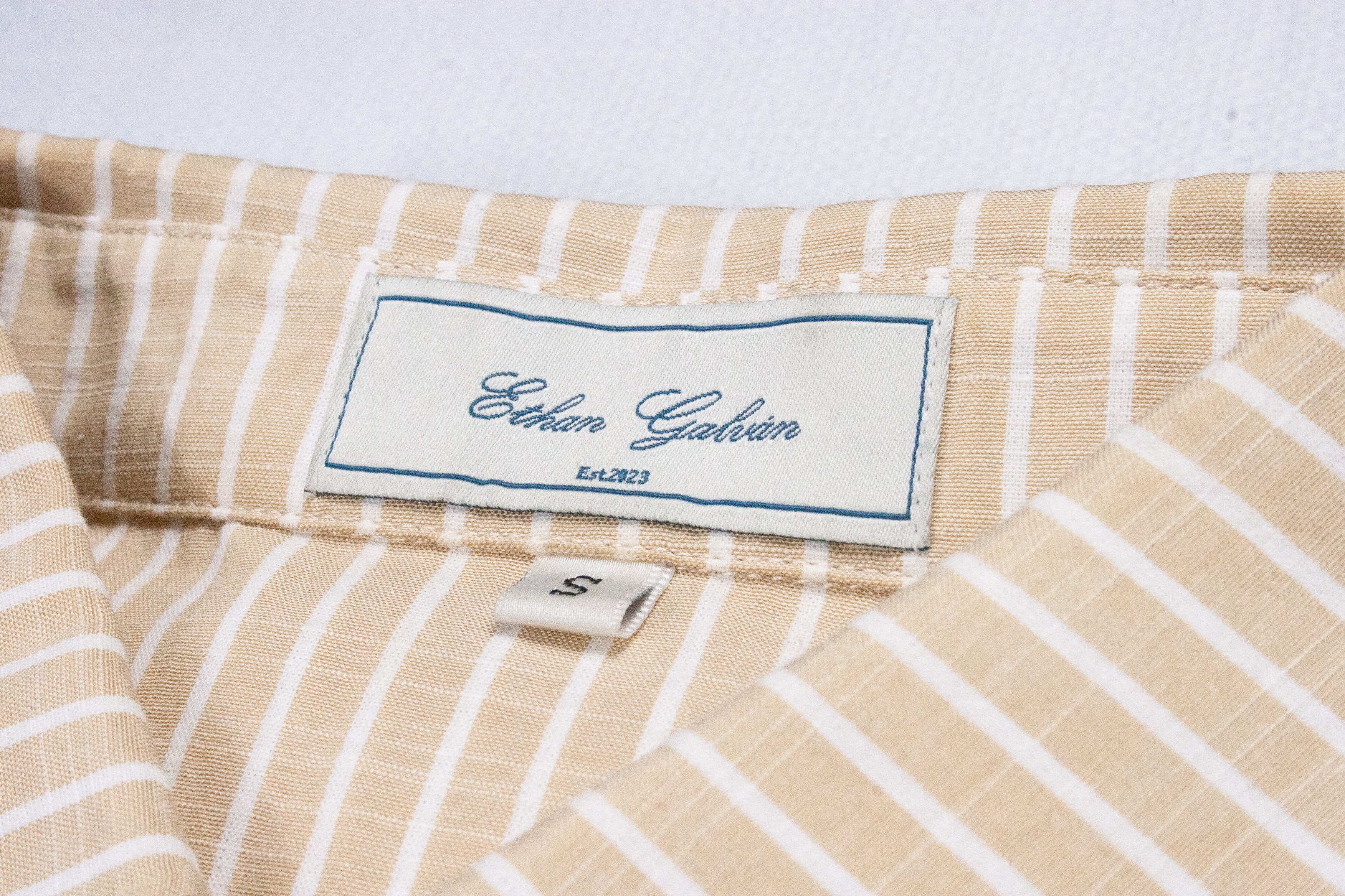 Men’s Beige/White Striped Dress Shirt by Ethan Galvan